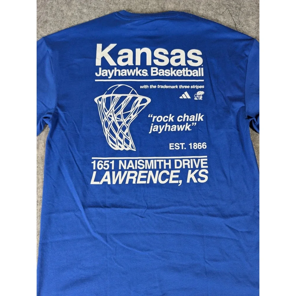 Adidas Kansas Jayhawks Basketball Blue Rock Chalk Naismith Dr T-Shirt NEW